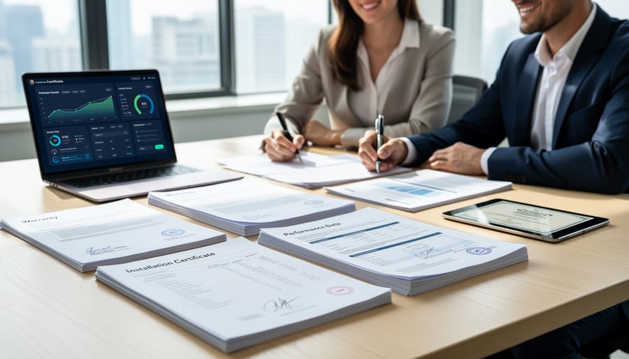 Solar system documentation and warranties organized on desk with laptop