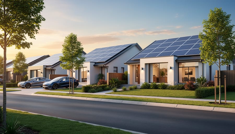 Suburban home with solar panels installed on roof under blue sky