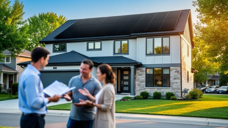 Eye-level view of a modern suburban house with prominent rooftop solar panels in warm evening light, with a real estate agent and a couple slightly out of focus reviewing documents on the driveway; landscaped yard and a tree-lined street in the background.