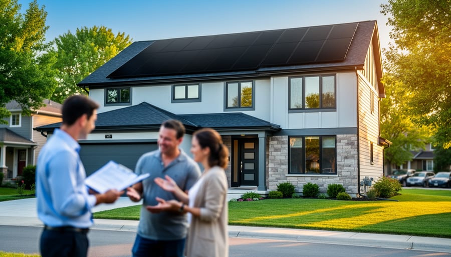 Eye-level view of a modern suburban house with prominent rooftop solar panels in warm evening light, with a real estate agent and a couple slightly out of focus reviewing documents on the driveway; landscaped yard and a tree-lined street in the background.